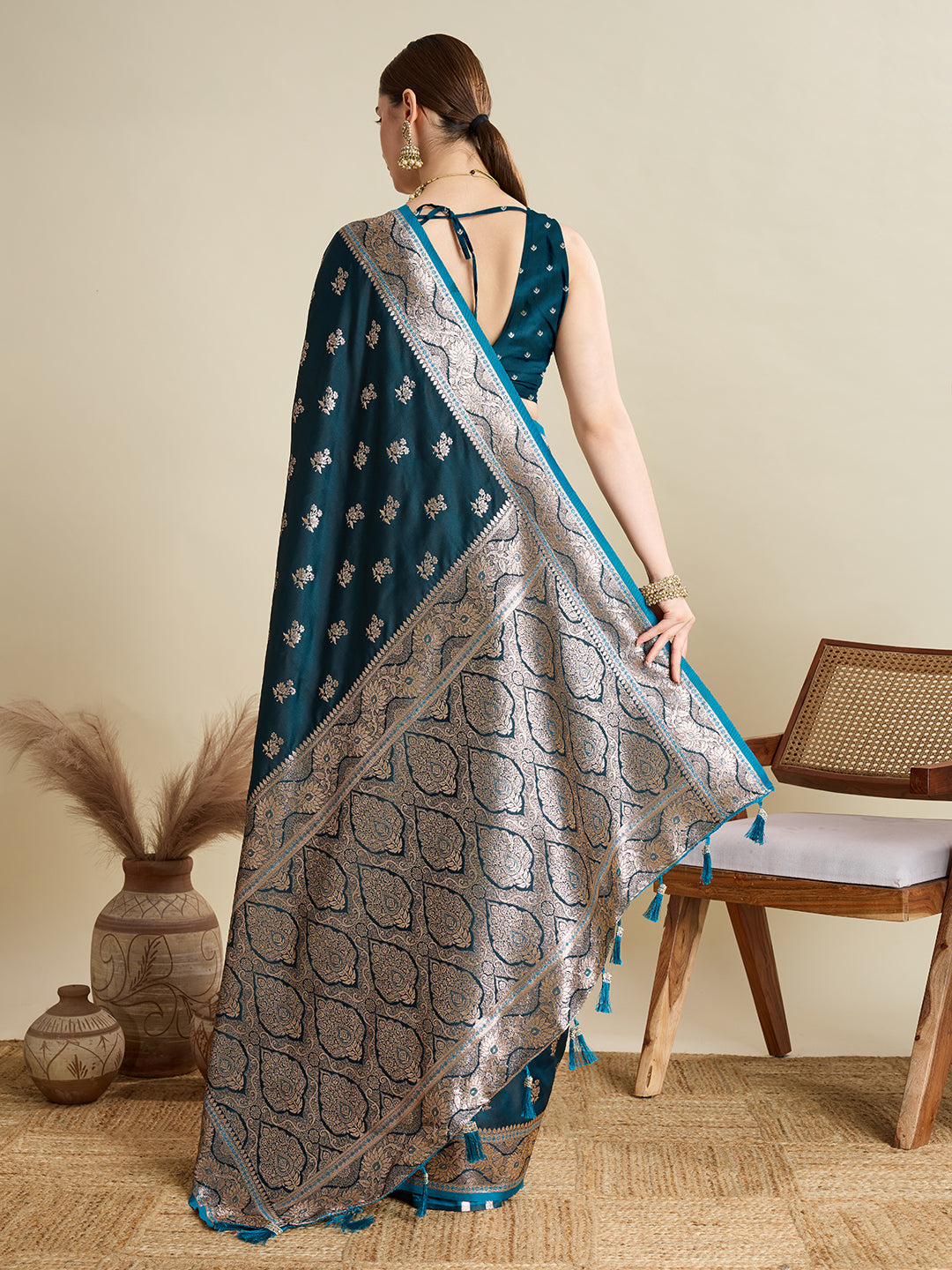 Soft Satin Silk Blue Saree with Rich Zari Motifs, Contrast Border & Elegant Blouse
