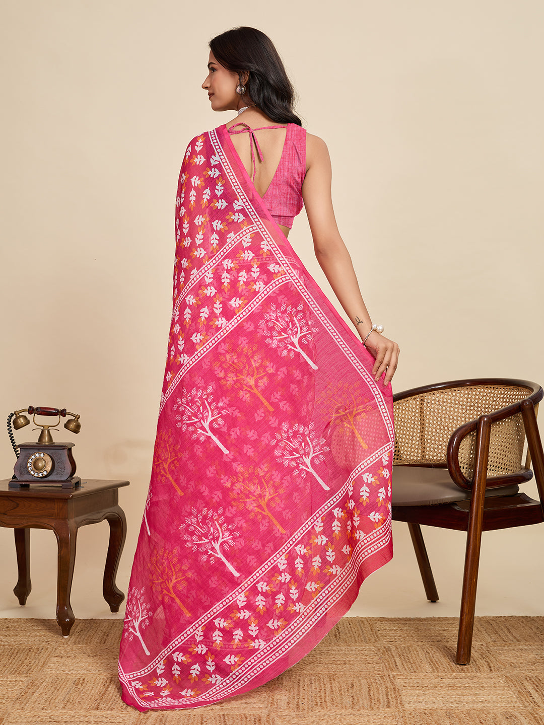 Women's Pink Color Linen Saree with Jari Border and Blouse – Printed All Over Designer