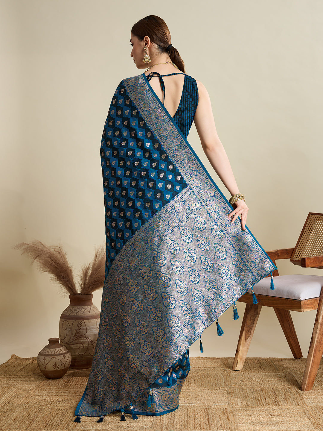 Soft Satin Silk Blue Saree with Rich Zari Motifs, Contrast Border & Elegant Blouse