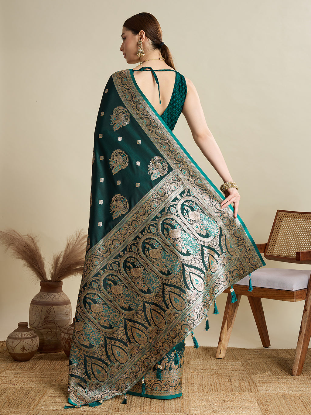 Soft Satin Silk Green Saree with Rich Zari Motifs, Contrast Border & Elegant Blouse