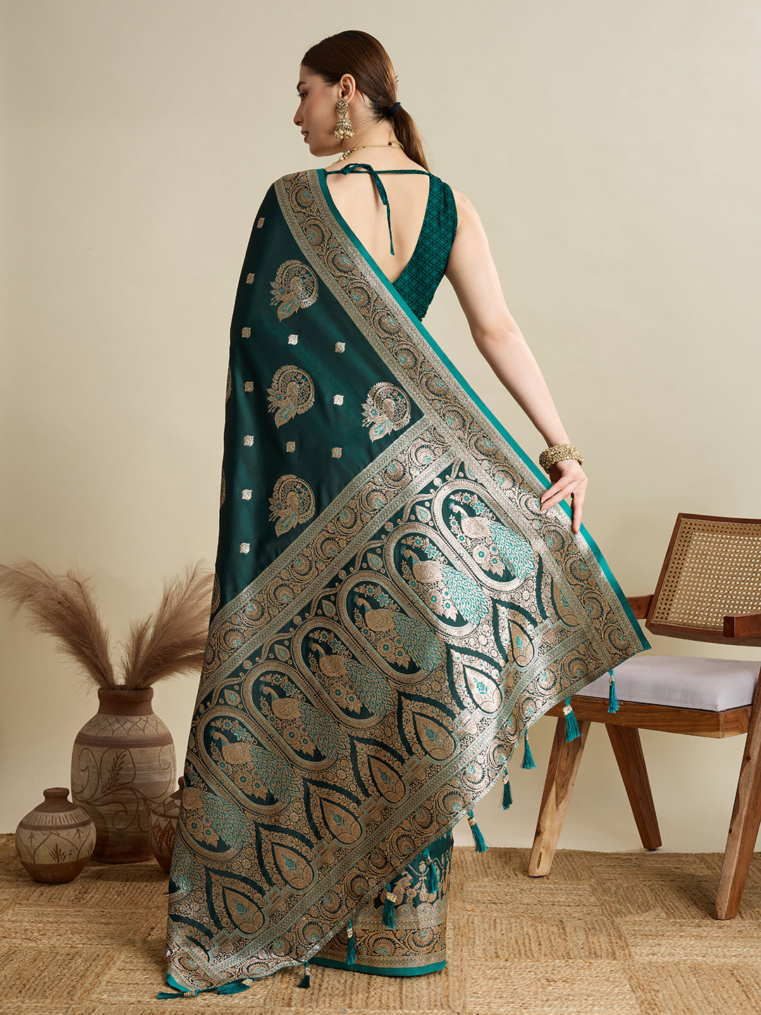 Soft Satin Silk Green Saree with Rich Zari Motifs, Contrast Border & Elegant Blouse