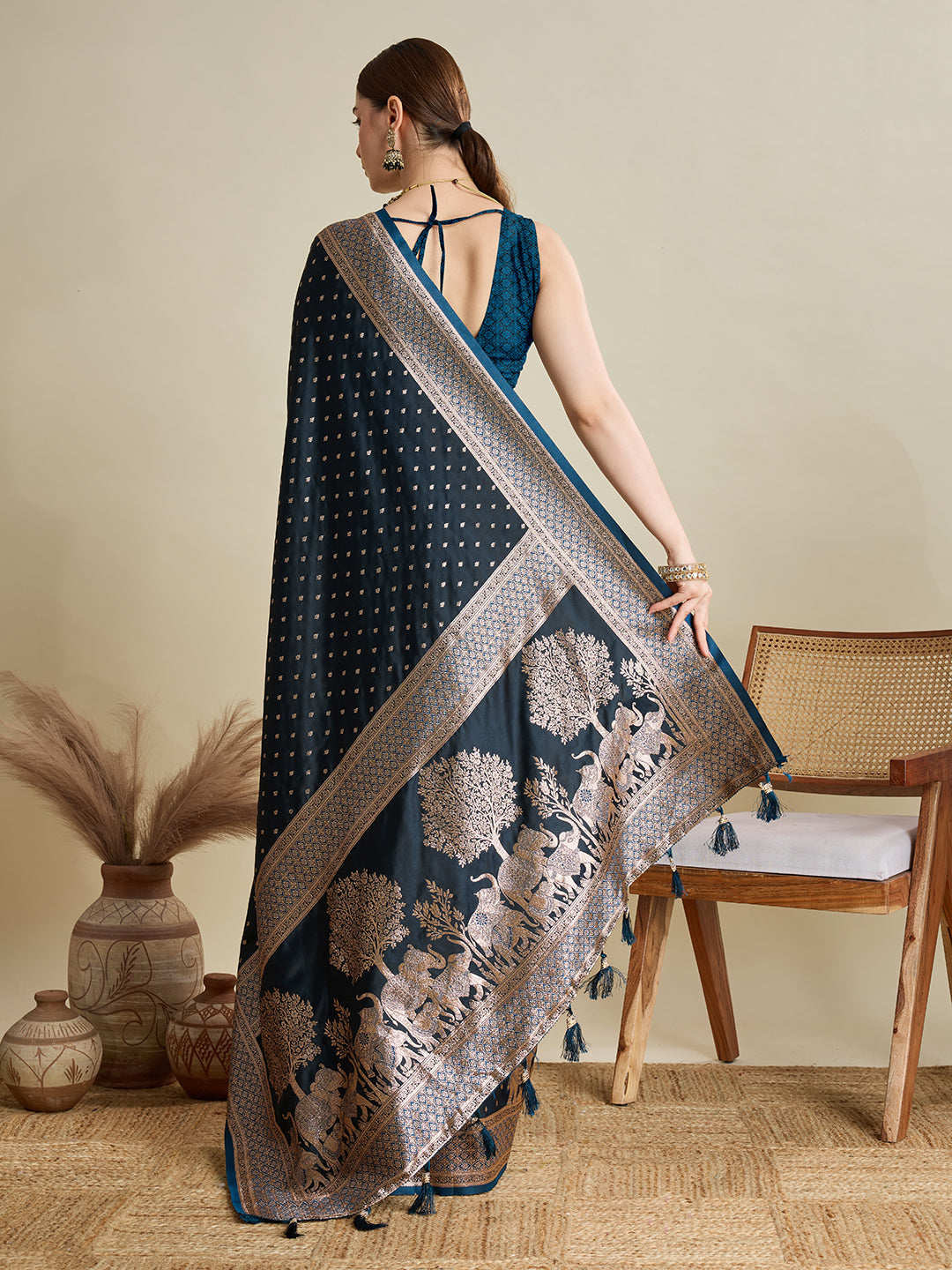 Soft Satin Silk Navy Blue Saree with Rich Zari Motifs, Contrast Border & Elegant Blouse
