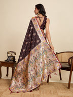 Coffee Soft Silk Saree in Premium Two-Tone Satin with Paithani Design, Rich Zari Pallu & Contrast Mina Border