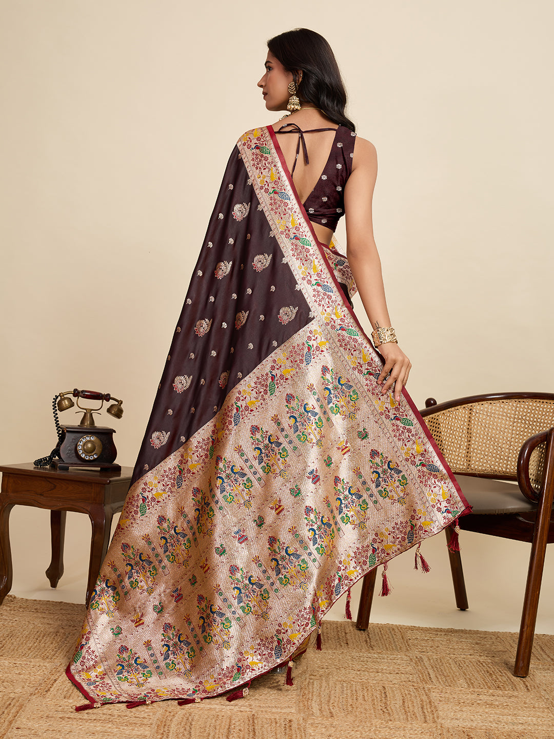 Coffee Soft Silk Saree in Premium Two-Tone Satin with Paithani Design, Rich Zari Pallu & Contrast Mina Border