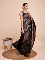 Black Pure Silk Saree – Double Zari Weaving with Soft Zari Border & Gold/Copper Contrast