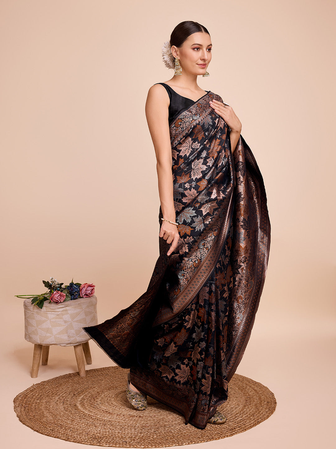 Black Pure Silk Saree – Double Zari Weaving with Soft Zari Border & Gold/Copper Contrast