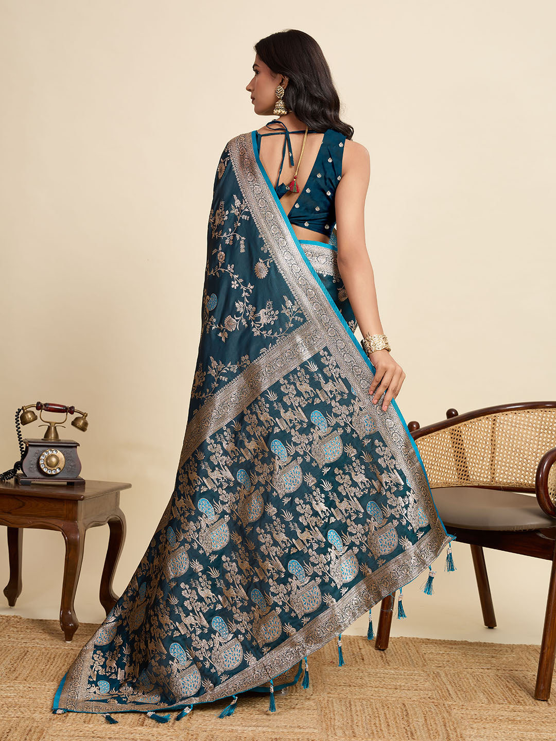 Premium Turquoise Two-Tone Satin Soft Silk Saree with All Over Zari Work & Contrast Woven Border