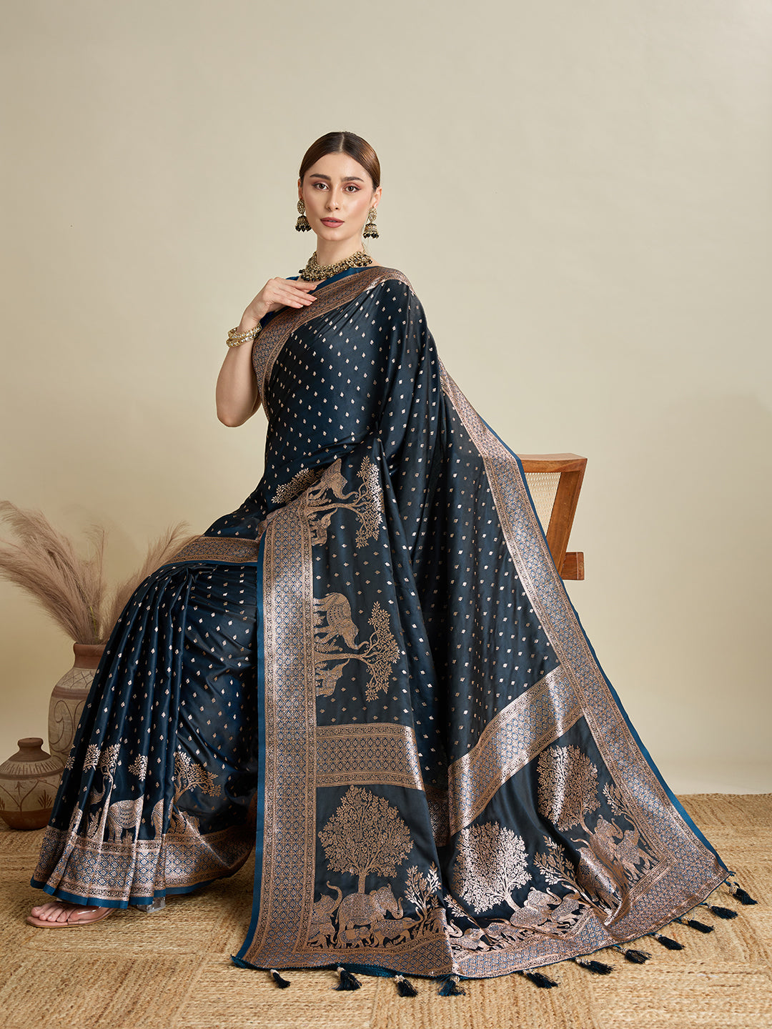 Soft Satin Silk Navy Blue Saree with Rich Zari Motifs, Contrast Border & Elegant Blouse