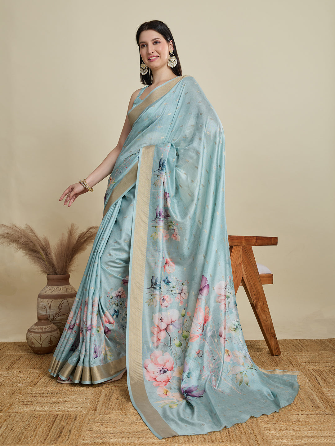 Soft, Breathable & Celebration-Ready: Semi Cotton Sky Blue Sarees with Butti & Jacquard Elegance