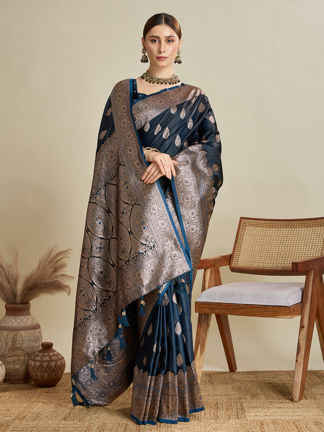 Soft Satin Silk Blue Saree with Rich Zari Motifs, Contrast Border & Elegant Blouse