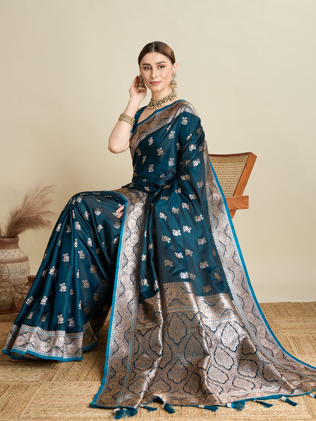 Soft Satin Silk Blue Saree with Rich Zari Motifs, Contrast Border & Elegant Blouse