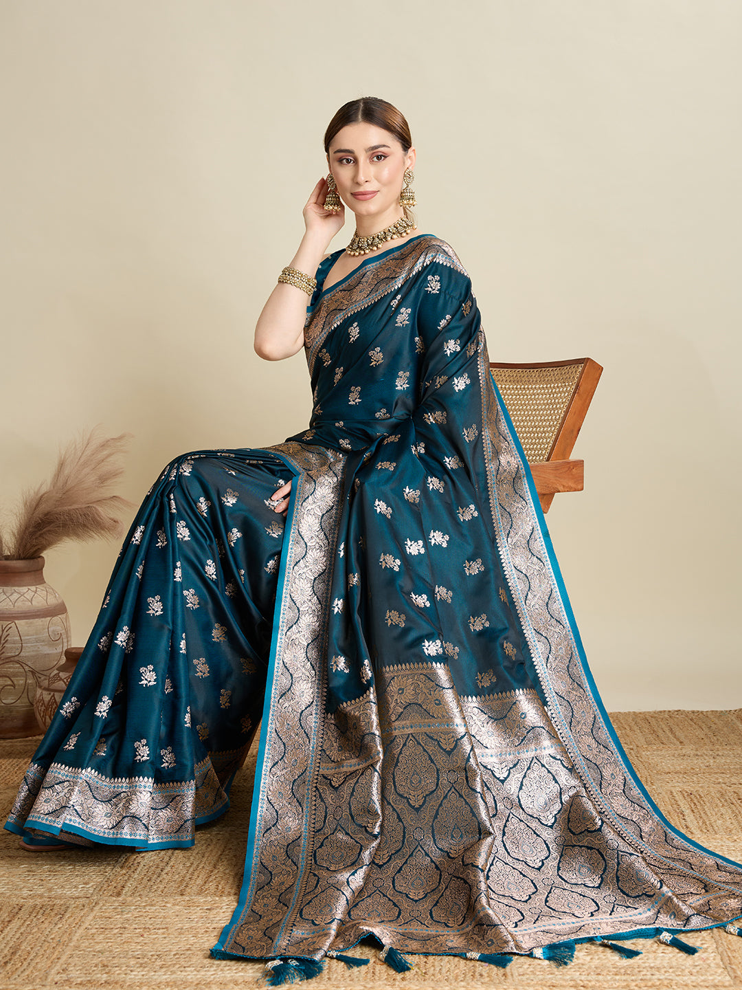 Soft Satin Silk Blue Saree with Rich Zari Motifs, Contrast Border & Elegant Blouse