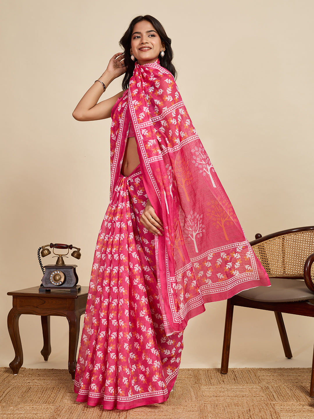 Women's Pink Color Linen Saree with Jari Border and Blouse – Printed All Over Designer