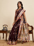 Coffee Soft Silk Saree in Premium Two-Tone Satin with Paithani Design, Rich Zari Pallu & Contrast Mina Border