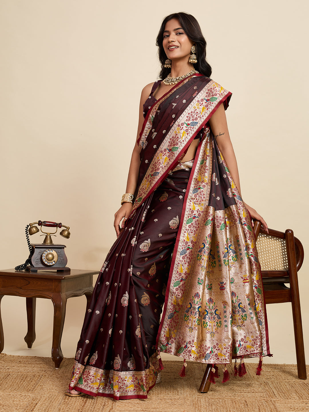 Coffee Soft Silk Saree in Premium Two-Tone Satin with Paithani Design, Rich Zari Pallu & Contrast Mina Border