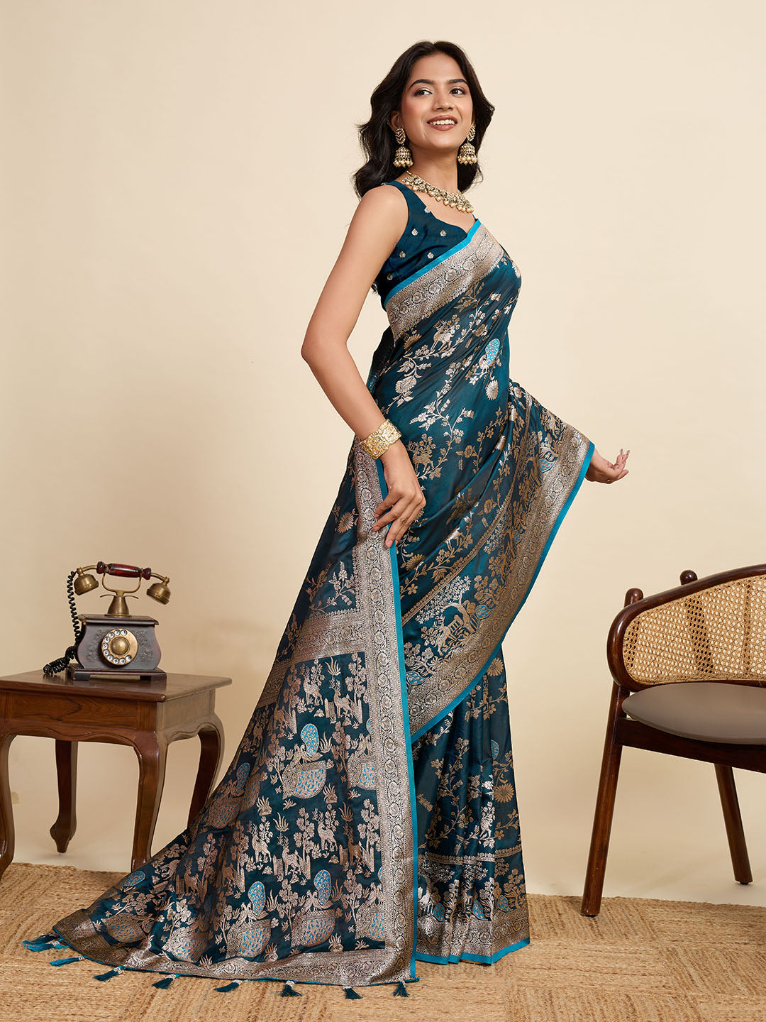 Premium Turquoise Two-Tone Satin Soft Silk Saree with All Over Zari Work & Contrast Woven Border