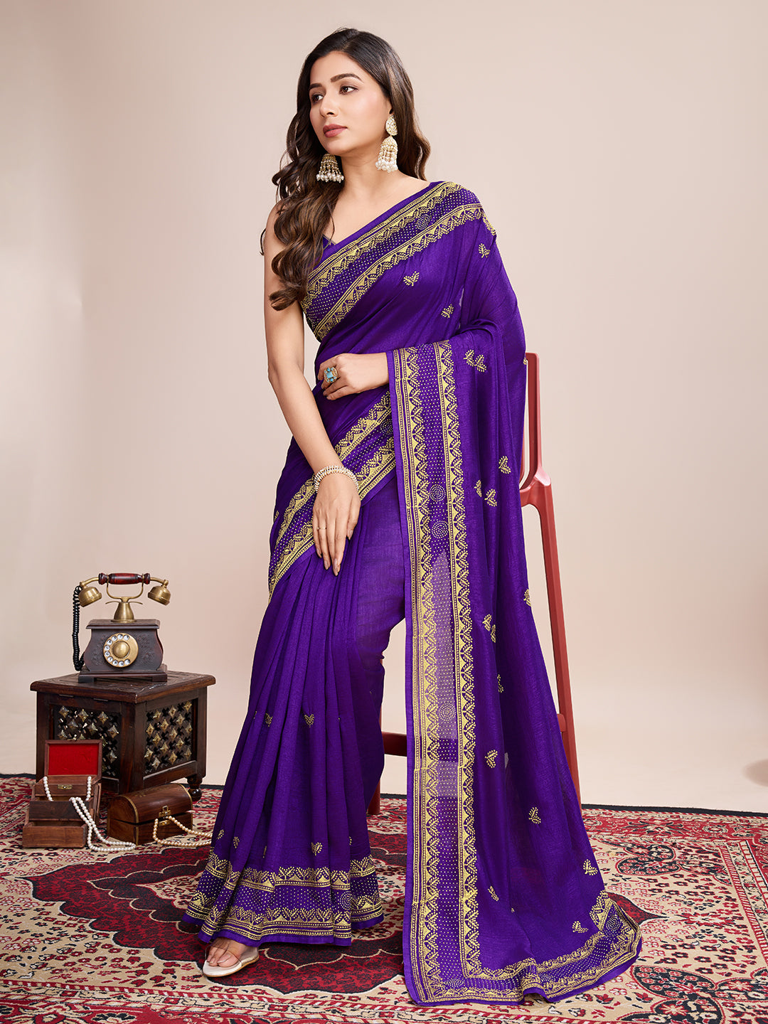 Soft Vichitra Silk Purple Saree with Intricate Multicolor Floral Work & Coordinated Embroidered