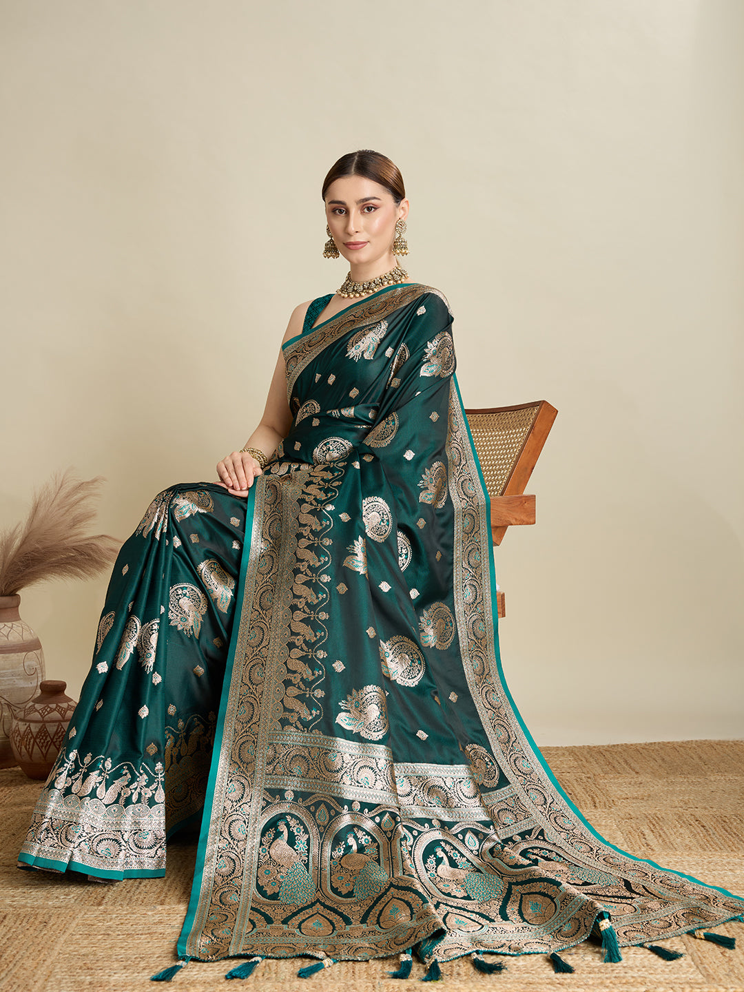 Soft Satin Silk Green Saree with Rich Zari Motifs, Contrast Border & Elegant Blouse