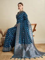 Soft Satin Silk Blue Saree with Rich Zari Motifs, Contrast Border & Elegant Blouse