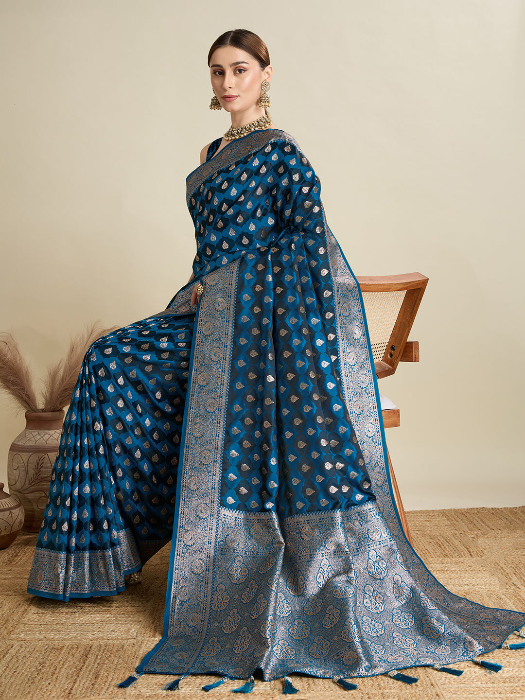 Soft Satin Silk Blue Saree with Rich Zari Motifs, Contrast Border & Elegant Blouse