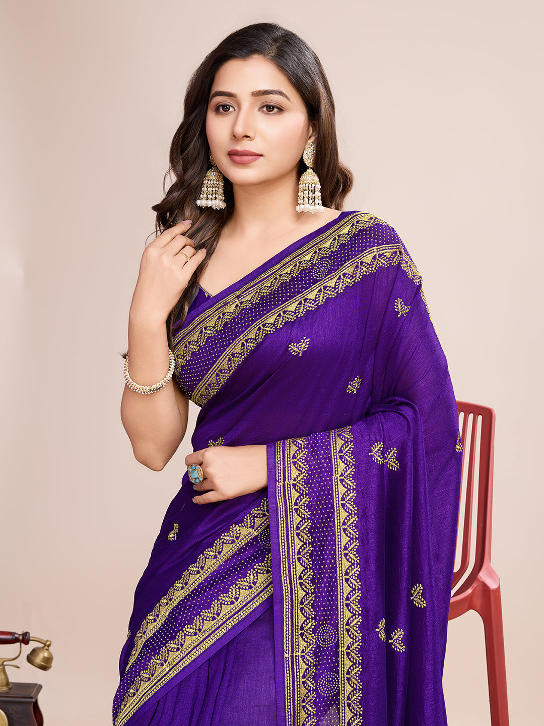 Soft Vichitra Silk Purple Saree with Intricate Multicolor Floral Work & Coordinated Embroidered