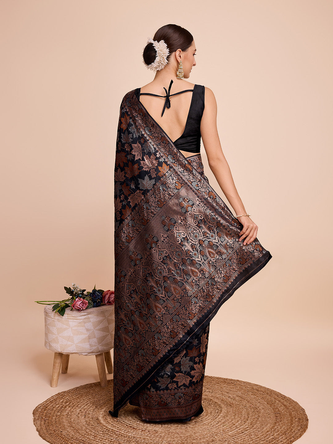 Black Pure Silk Saree – Double Zari Weaving with Soft Zari Border & Gold/Copper Contrast