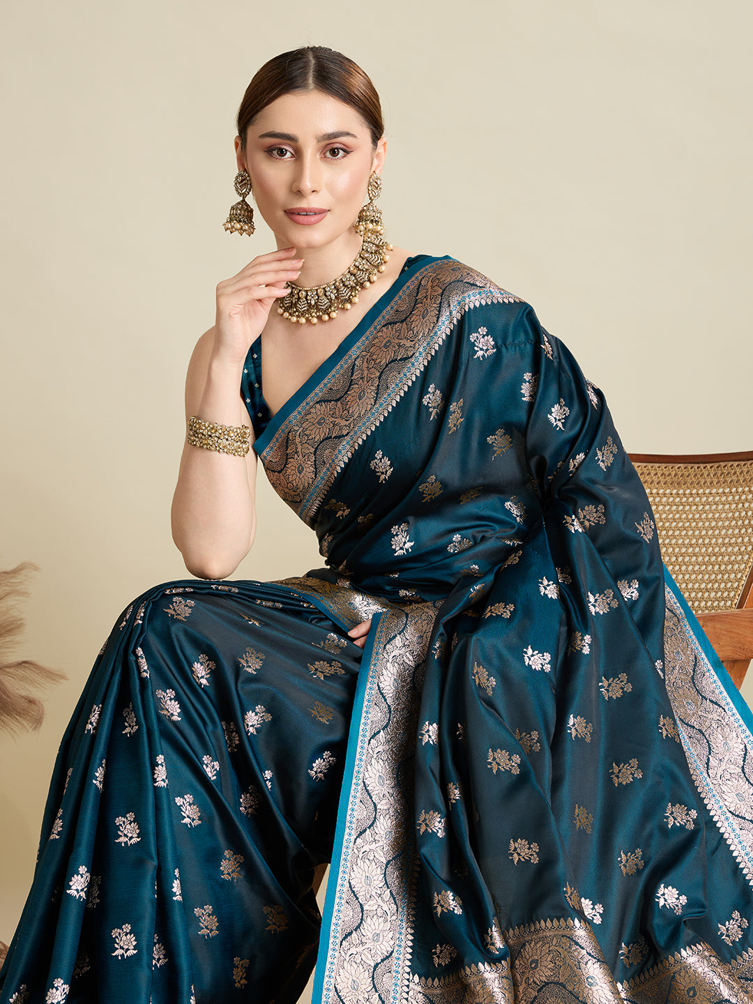Soft Satin Silk Blue Saree with Rich Zari Motifs, Contrast Border & Elegant Blouse