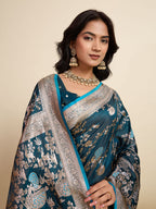 Premium Turquoise Two-Tone Satin Soft Silk Saree with All Over Zari Work & Contrast Woven Border