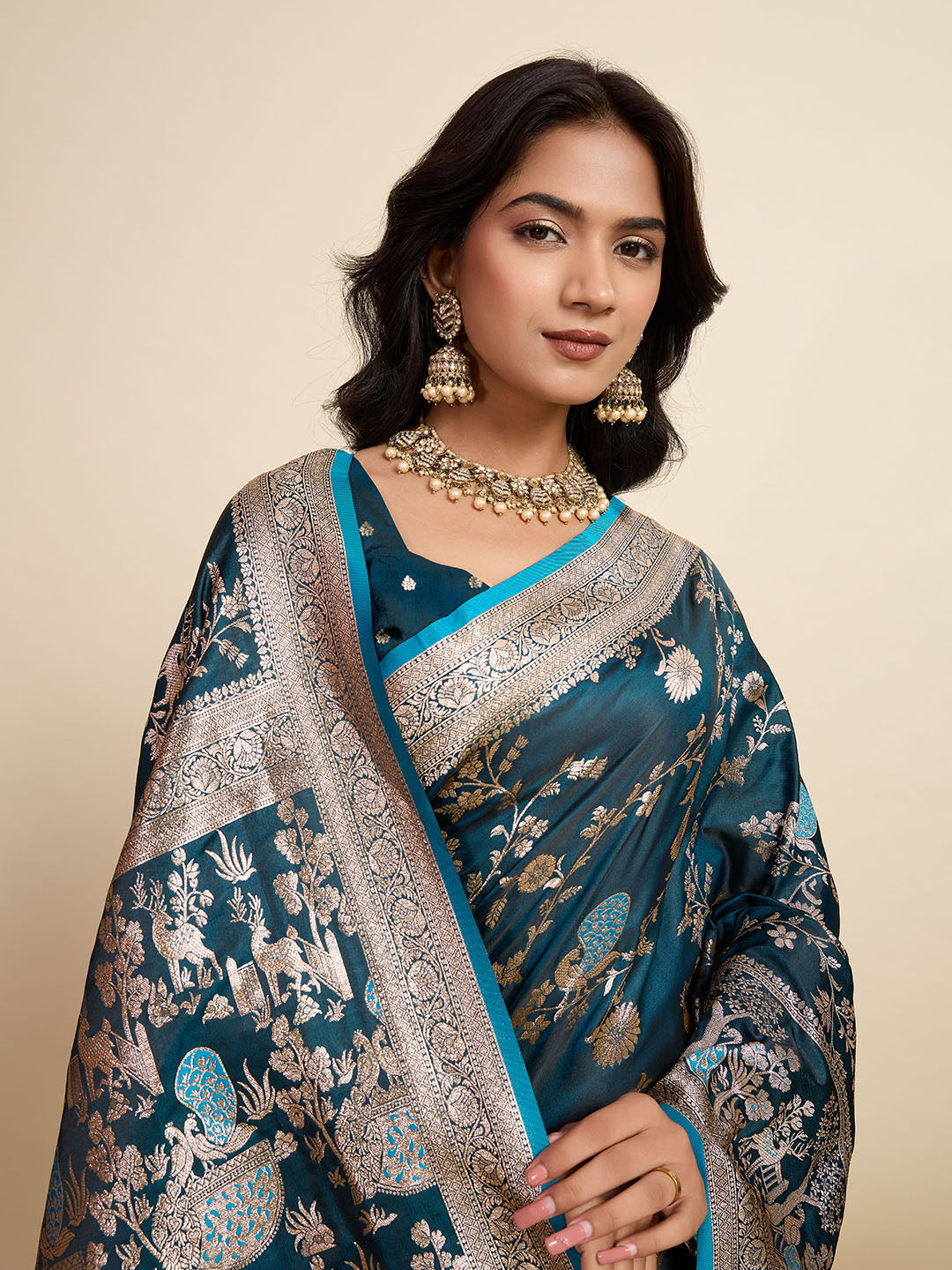 Premium Turquoise Two-Tone Satin Soft Silk Saree with All Over Zari Work & Contrast Woven Border