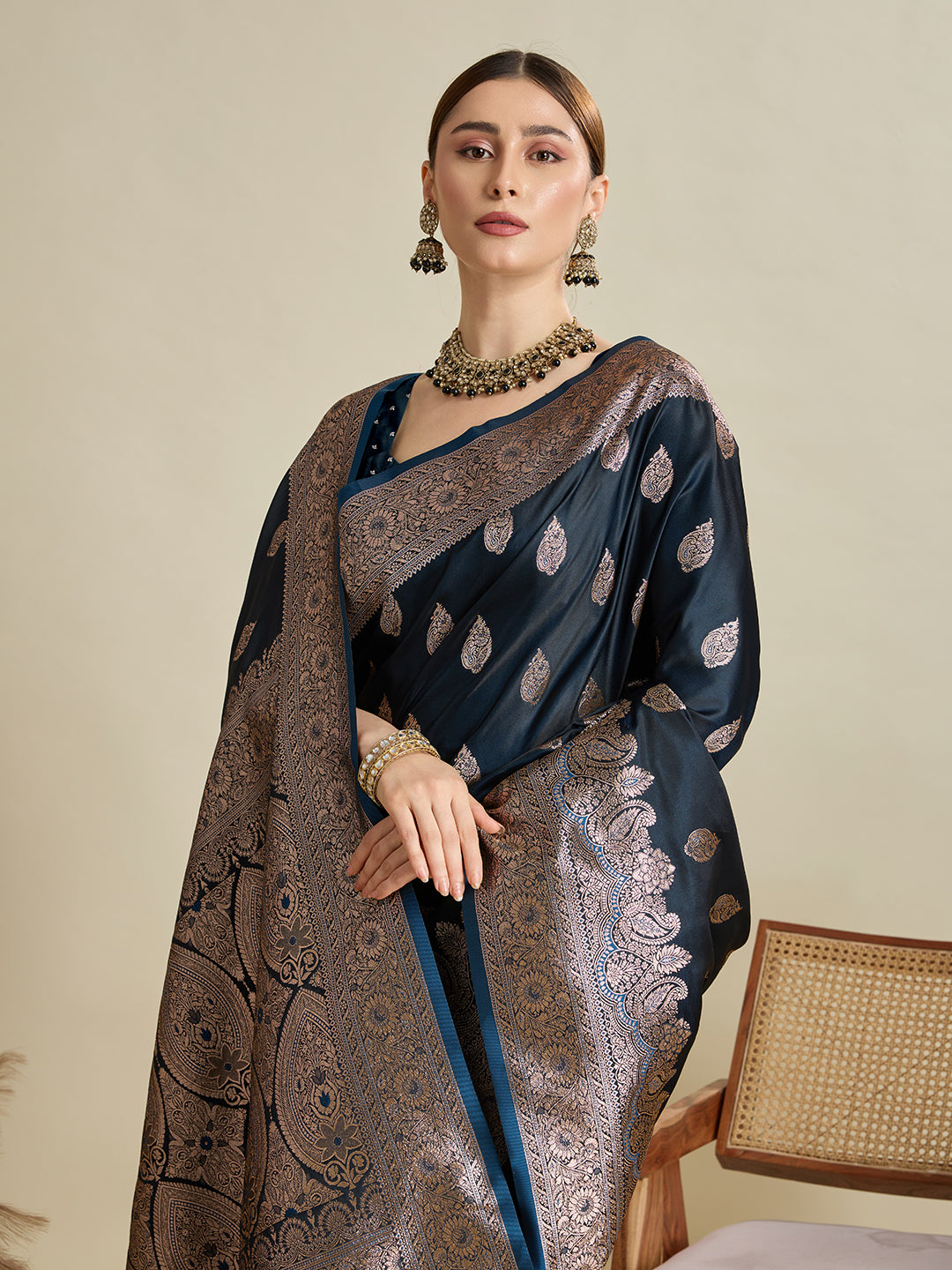 Soft Satin Silk Blue Saree with Rich Zari Motifs, Contrast Border & Elegant Blouse