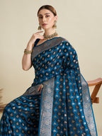 Soft Satin Silk Blue Saree with Rich Zari Motifs, Contrast Border & Elegant Blouse