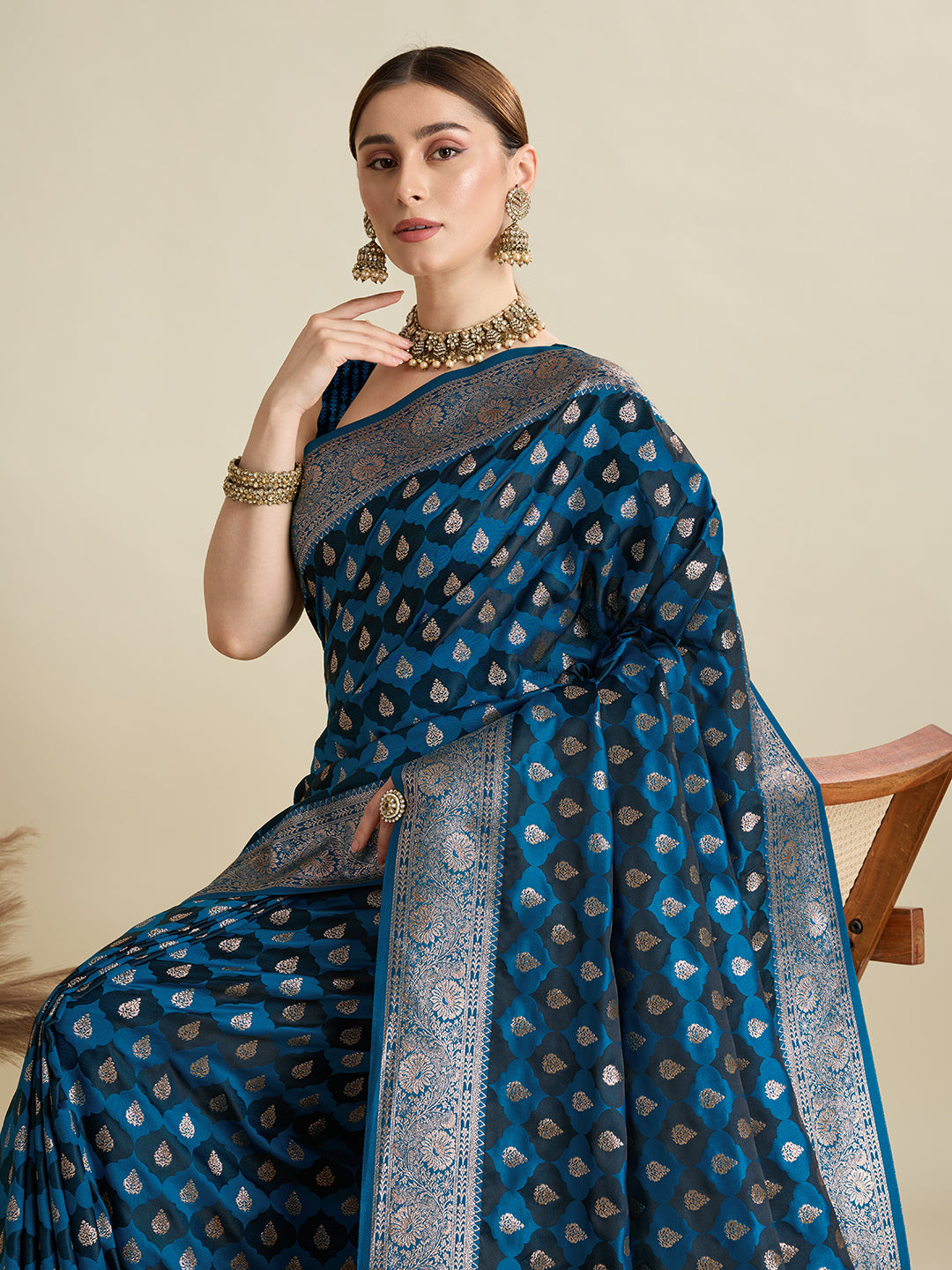 Soft Satin Silk Blue Saree with Rich Zari Motifs, Contrast Border & Elegant Blouse
