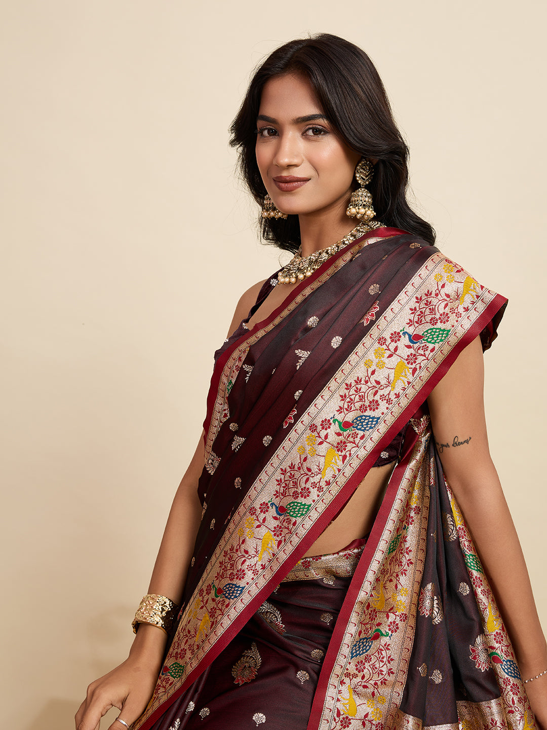 Coffee Soft Silk Saree in Premium Two-Tone Satin with Paithani Design, Rich Zari Pallu & Contrast Mina Border