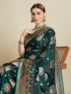 Soft Satin Silk Green Saree with Rich Zari Motifs, Contrast Border & Elegant Blouse