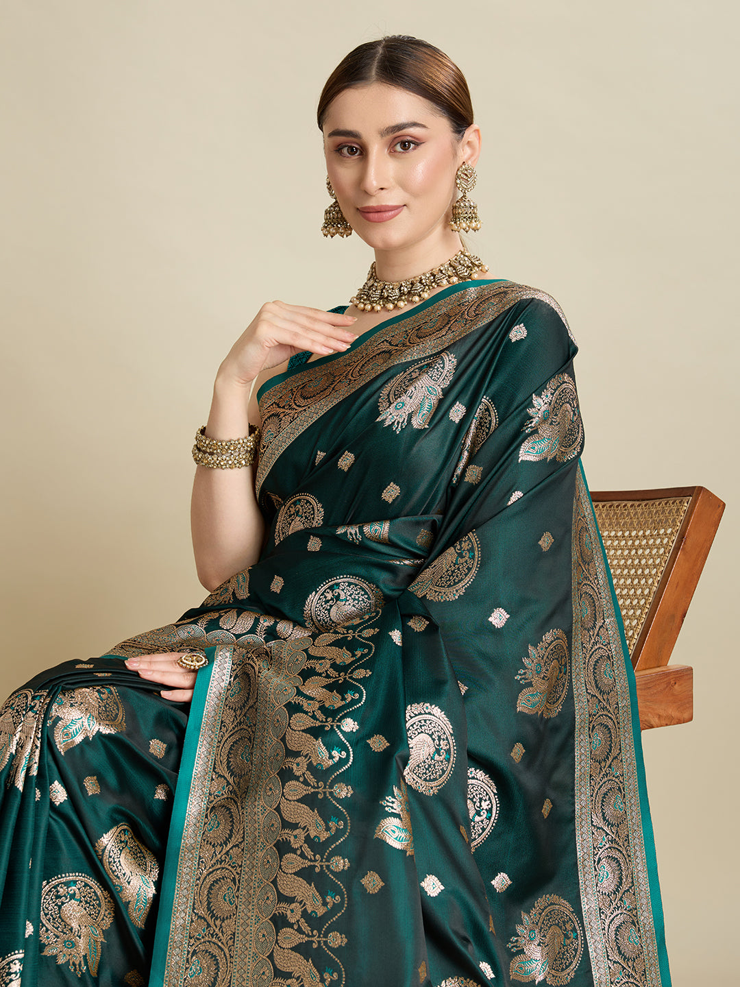 Soft Satin Silk Green Saree with Rich Zari Motifs, Contrast Border & Elegant Blouse