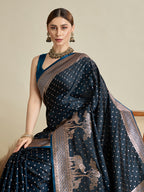 Soft Satin Silk Navy Blue Saree with Rich Zari Motifs, Contrast Border & Elegant Blouse