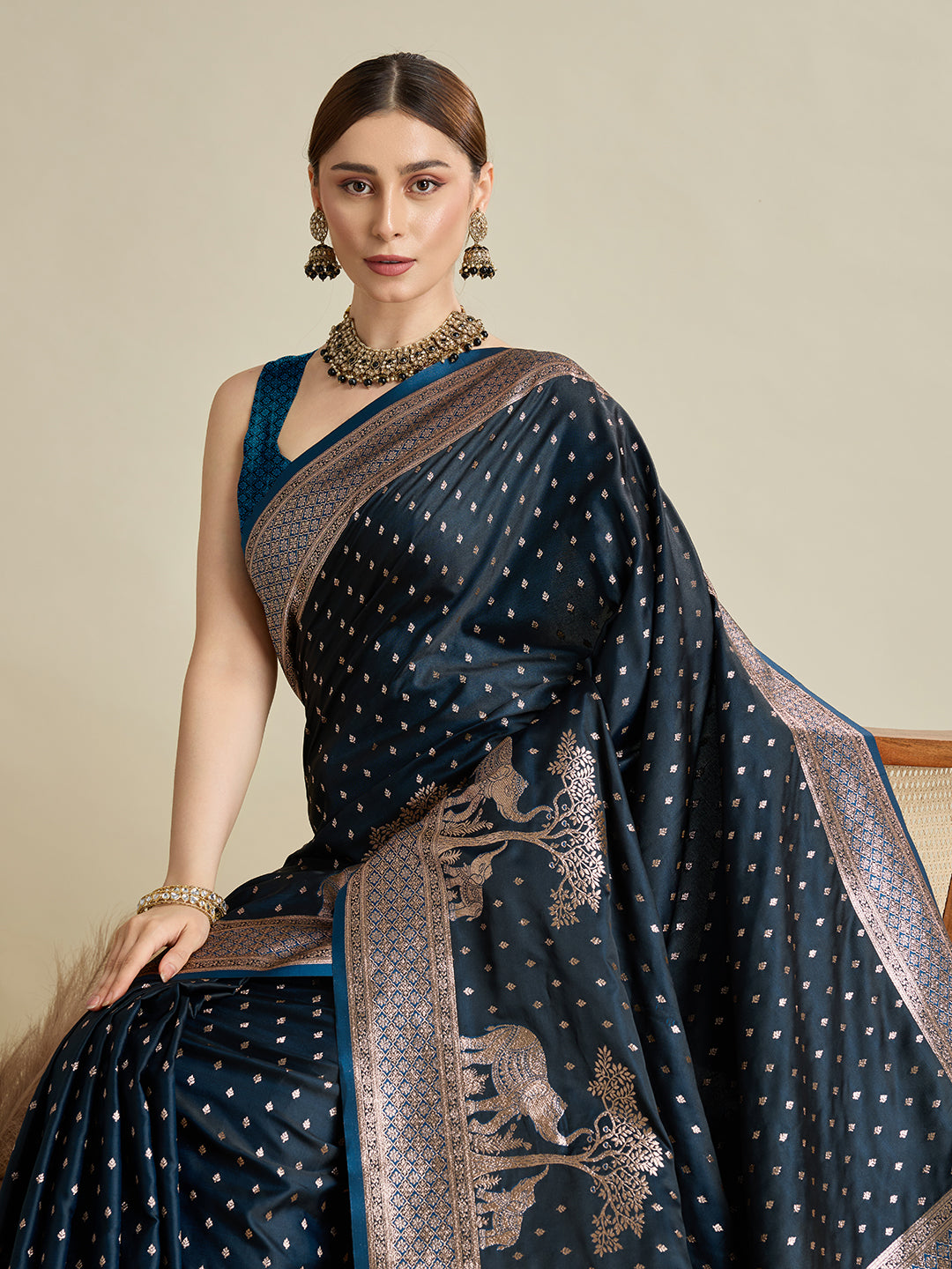 Soft Satin Silk Navy Blue Saree with Rich Zari Motifs, Contrast Border & Elegant Blouse
