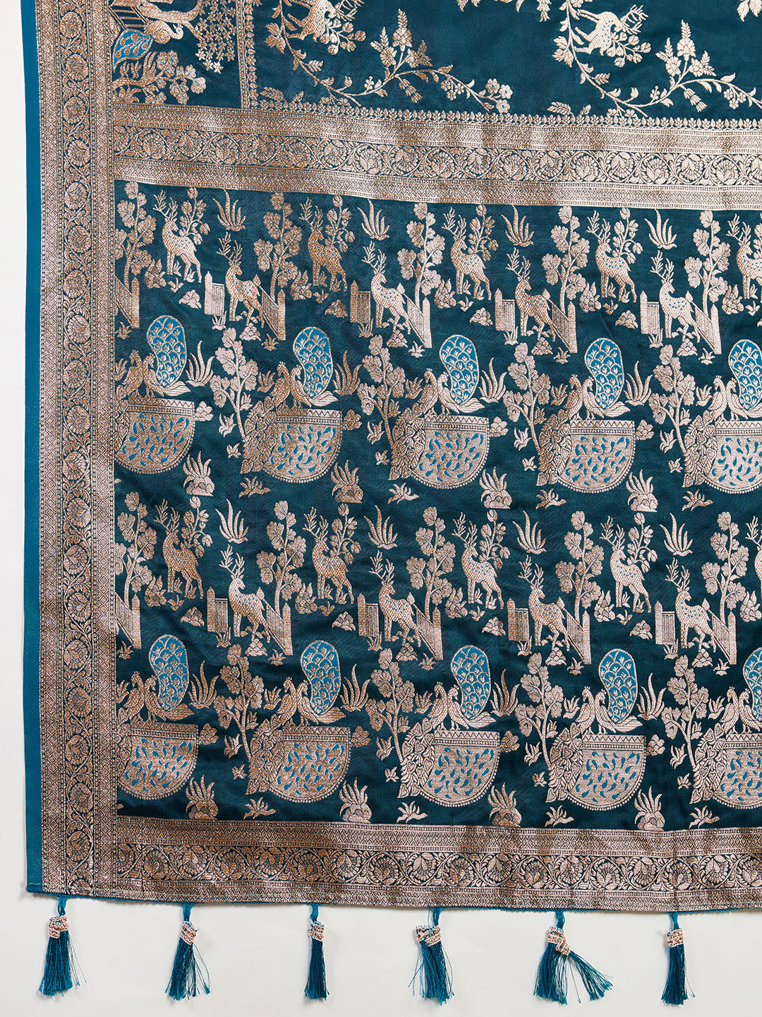 Premium Turquoise Two-Tone Satin Soft Silk Saree with All Over Zari Work & Contrast Woven Border
