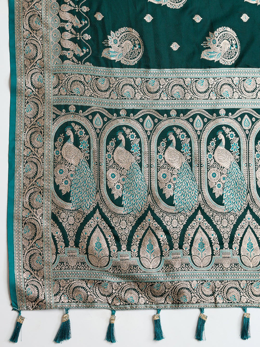 Soft Satin Silk Green Saree with Rich Zari Motifs, Contrast Border & Elegant Blouse