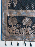 Soft Satin Silk Navy Blue Saree with Rich Zari Motifs, Contrast Border & Elegant Blouse