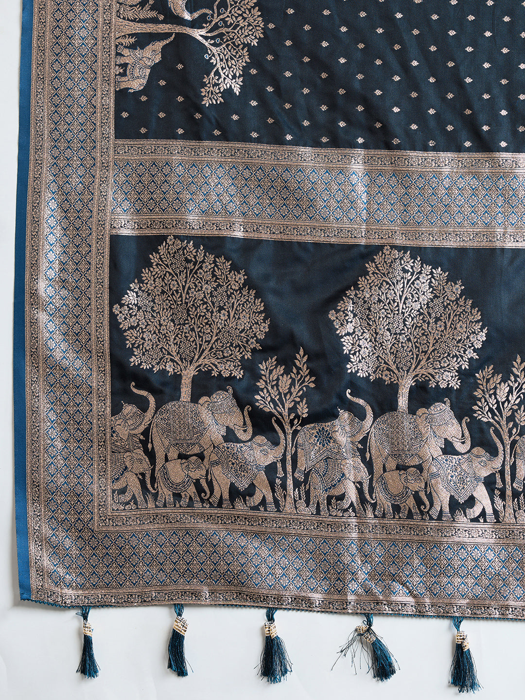 Soft Satin Silk Navy Blue Saree with Rich Zari Motifs, Contrast Border & Elegant Blouse
