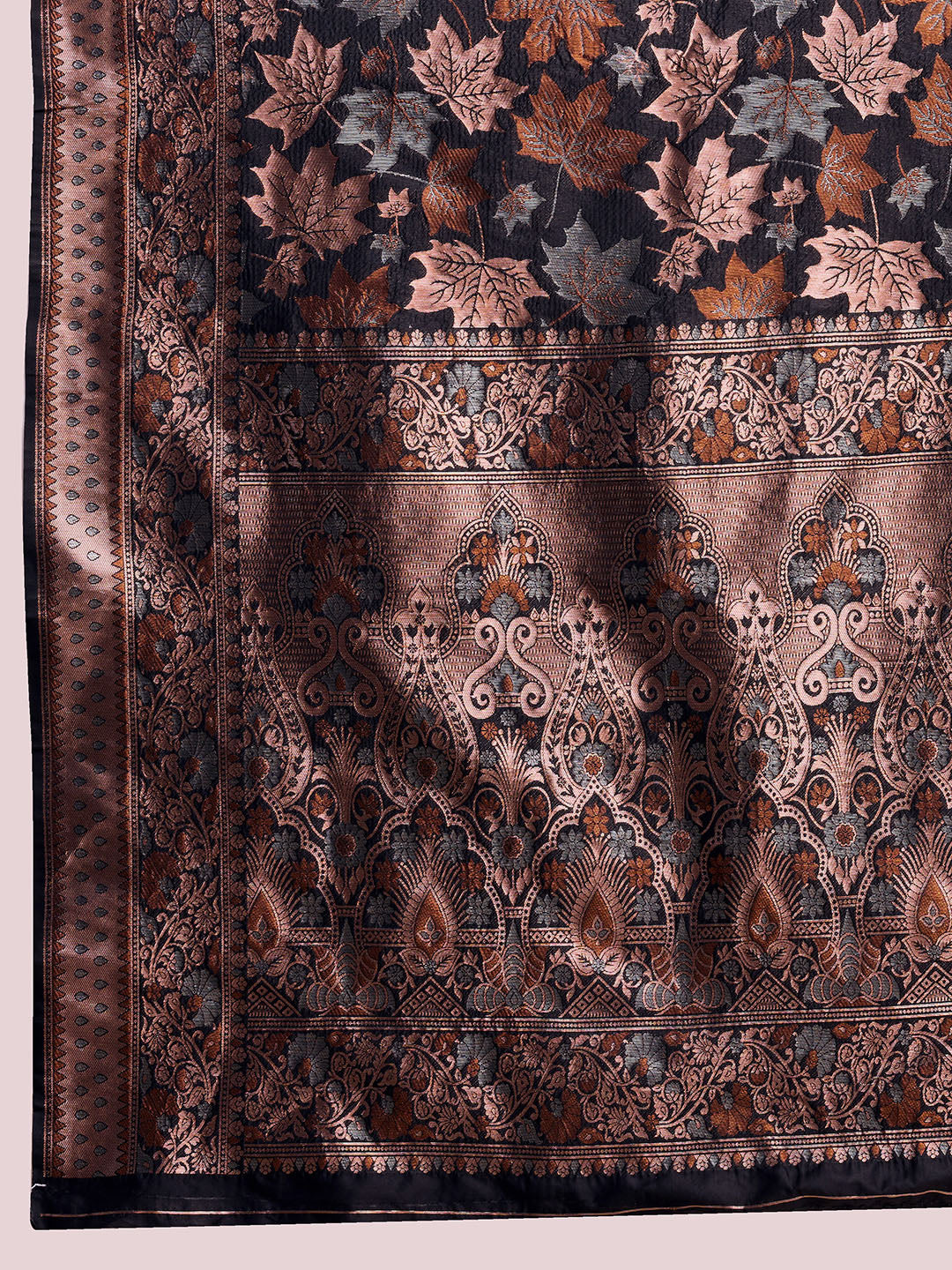 Black Pure Silk Saree – Double Zari Weaving with Soft Zari Border & Gold/Copper Contrast