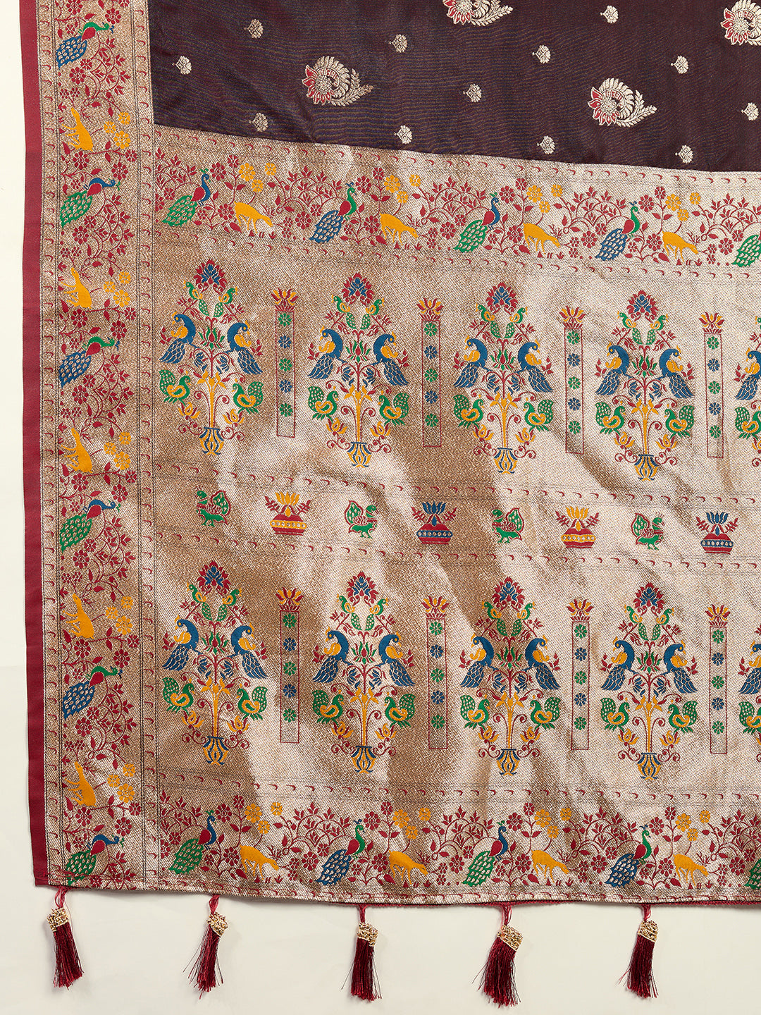 Coffee Soft Silk Saree in Premium Two-Tone Satin with Paithani Design, Rich Zari Pallu & Contrast Mina Border