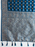 Soft Satin Silk Blue Saree with Rich Zari Motifs, Contrast Border & Elegant Blouse