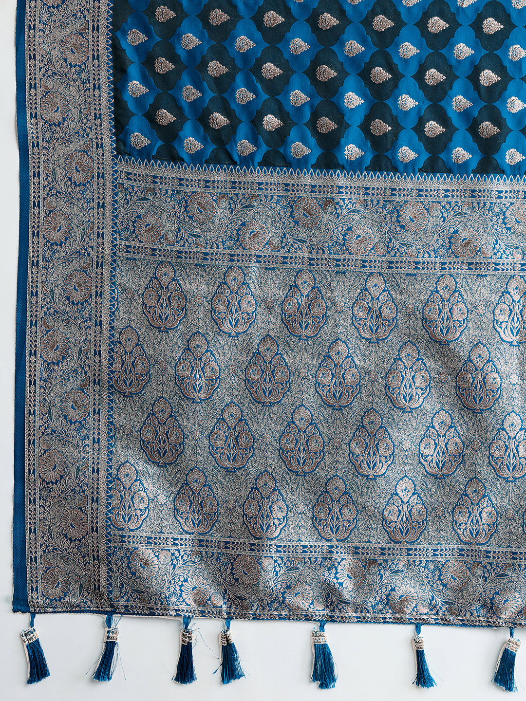 Soft Satin Silk Blue Saree with Rich Zari Motifs, Contrast Border & Elegant Blouse