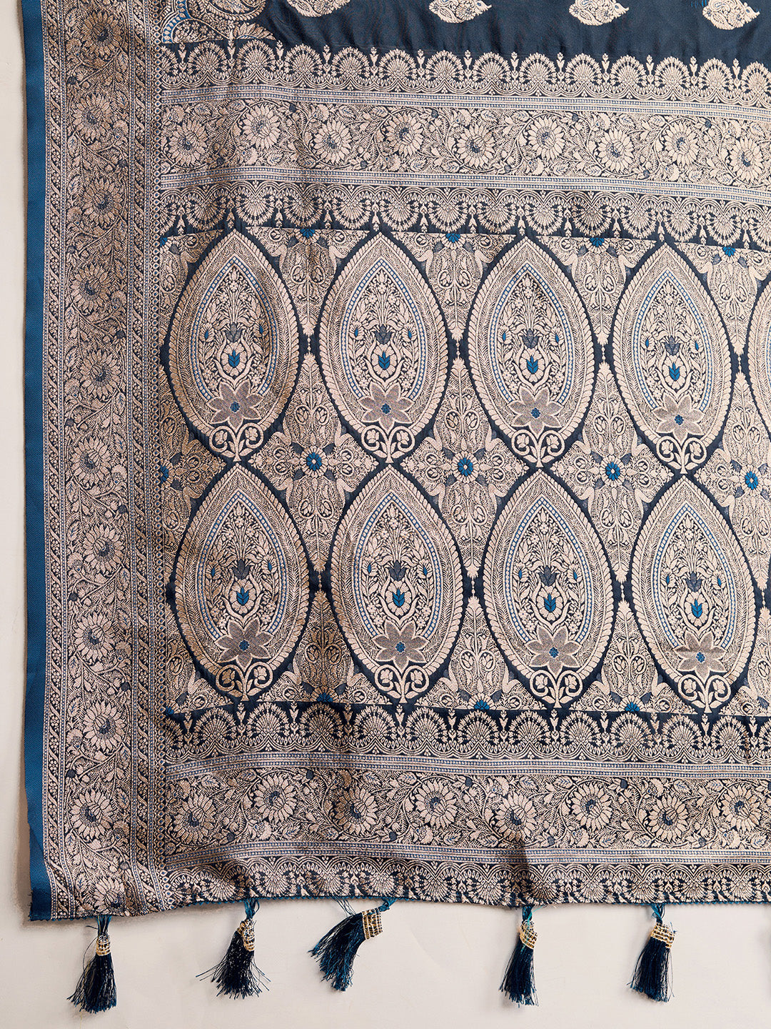 Soft Satin Silk Blue Saree with Rich Zari Motifs, Contrast Border & Elegant Blouse