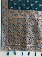 Soft Satin Silk Blue Saree with Rich Zari Motifs, Contrast Border & Elegant Blouse