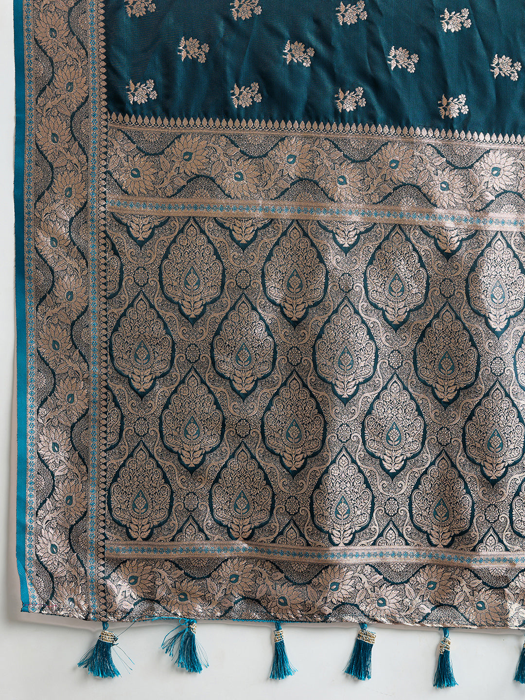 Soft Satin Silk Blue Saree with Rich Zari Motifs, Contrast Border & Elegant Blouse