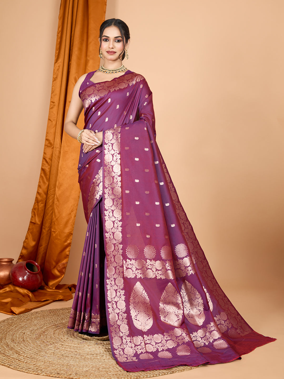 Wine Soft Banarasi Silk Saree Featuring Meenakari Zari Weaving & Tassels on Pallu