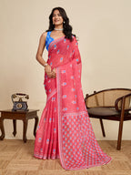 Women's Red Color Linen Saree with Jari Border and Blouse – Printed All Over Designer